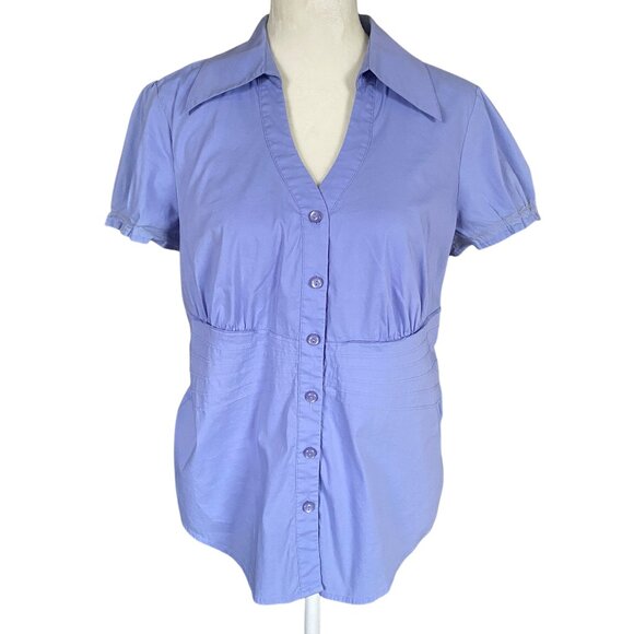 Alfani women's size 8 blue v-neck collared short sleeve button down blouse top - Picture 1 of 7